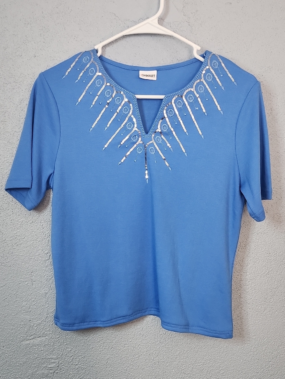 Blue Short Sleeve  Women's Top With Silver Accents.